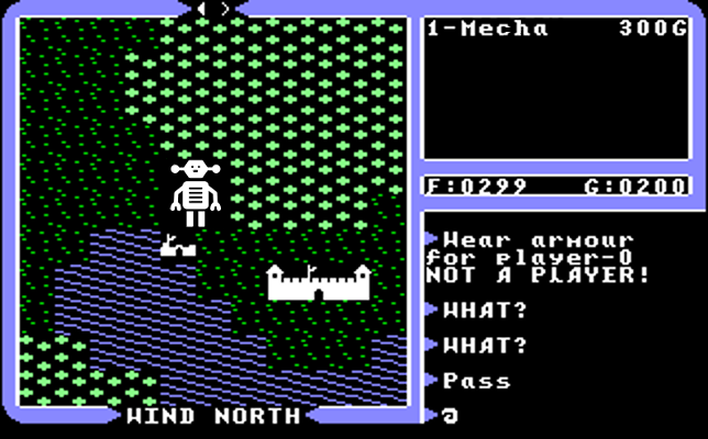 A giant robot in classic computer game Ultima IV. It's going to stomp Lord British's castle! Oh no!
